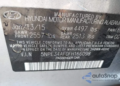 2015 Hyundai Sonata Sport z USA, uszkodzony, nr VIN 5NPE34AF0FH166098